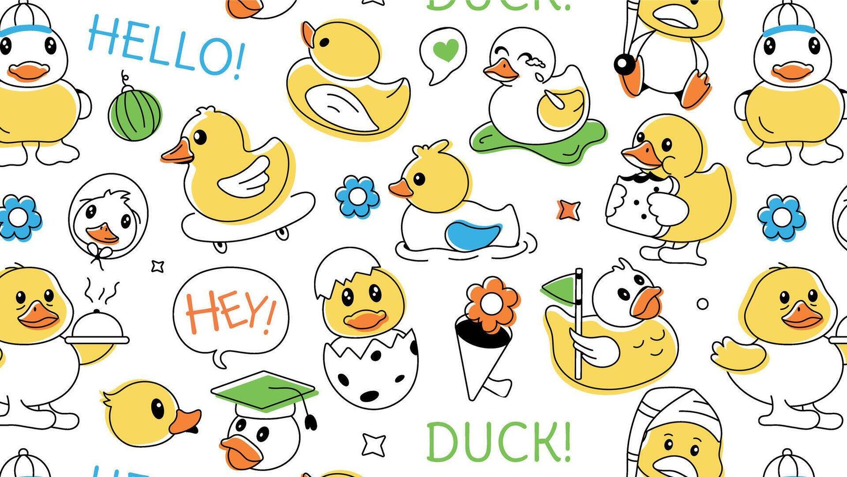A playful doodle pattern designed with various toy ducks, shower playthings and fluffy chickens vector