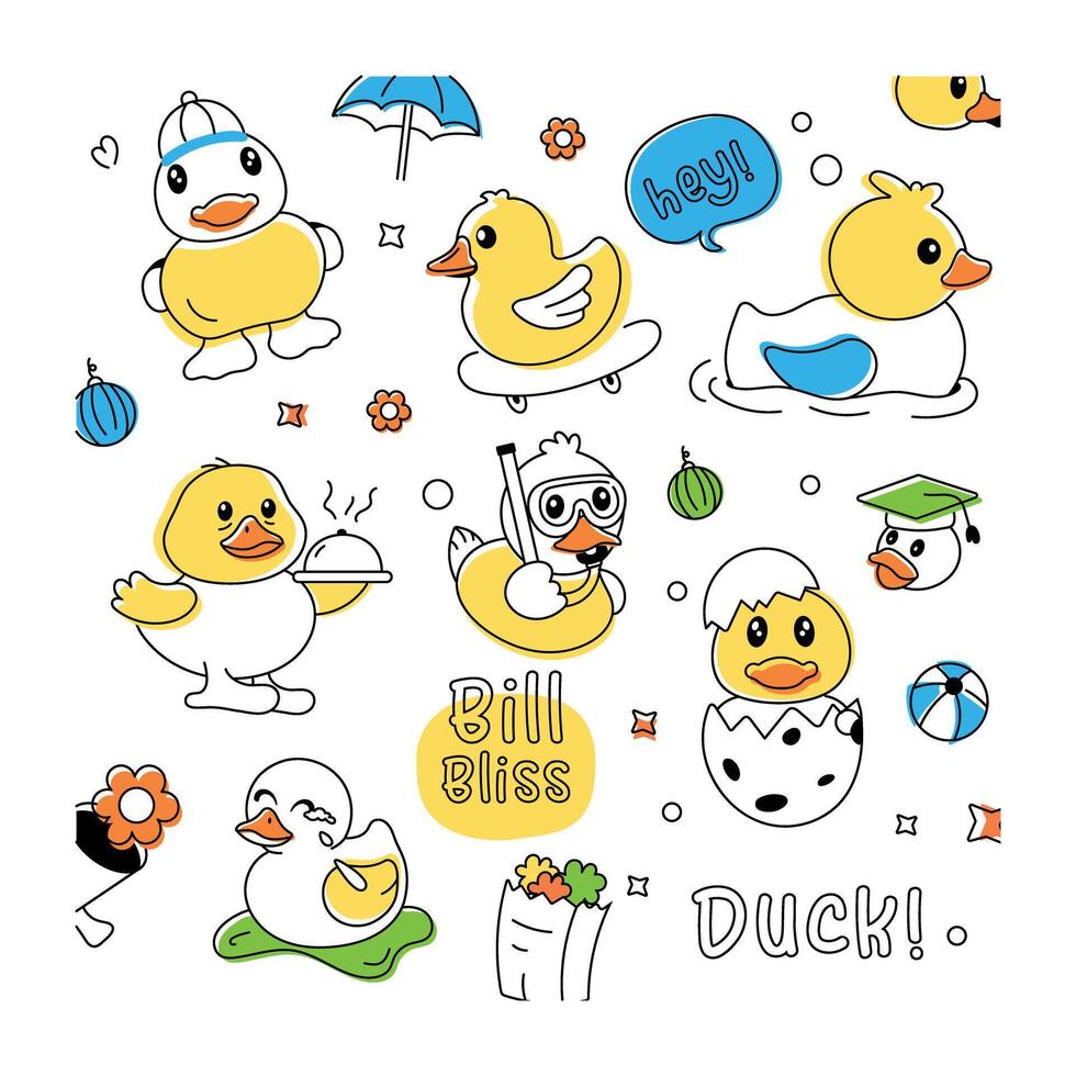 A doodle duck vector showcasing cute rubber ducks, shower toys, and baby chickens