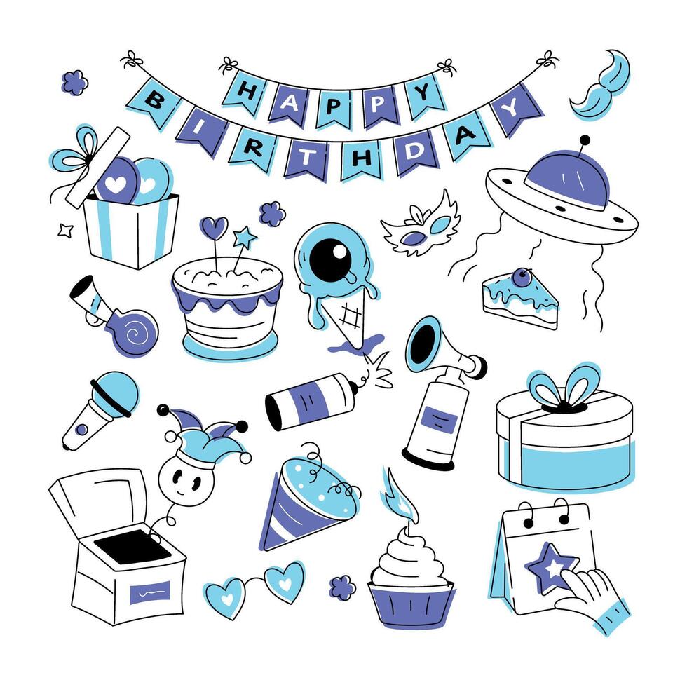 Birthday vector in doodle style with celebration elements, food items, and firecrackers