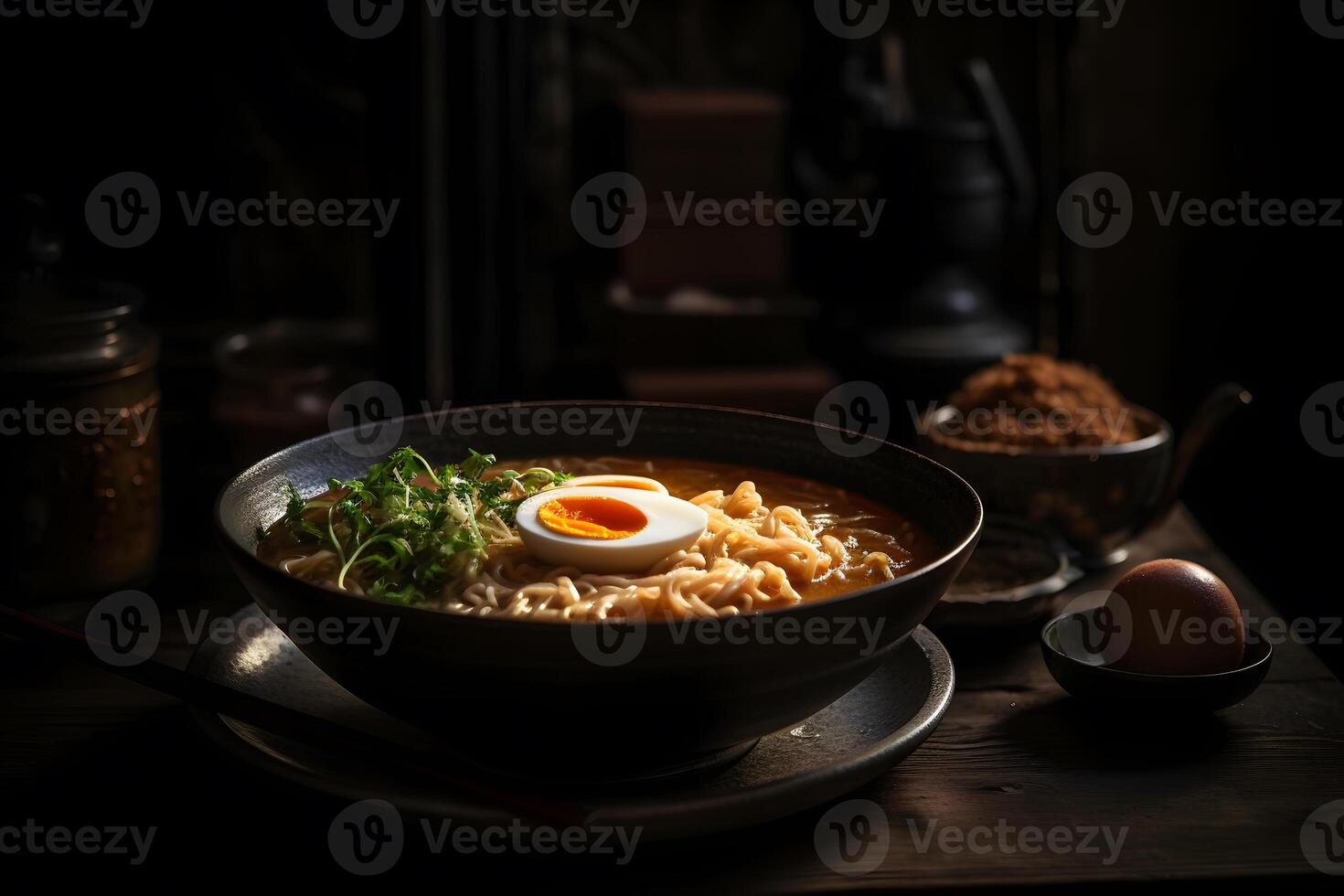 AI generated Japanese ramen soup with chicken, egg, chives and sprout on dark wooden. Neural network AI generated photo