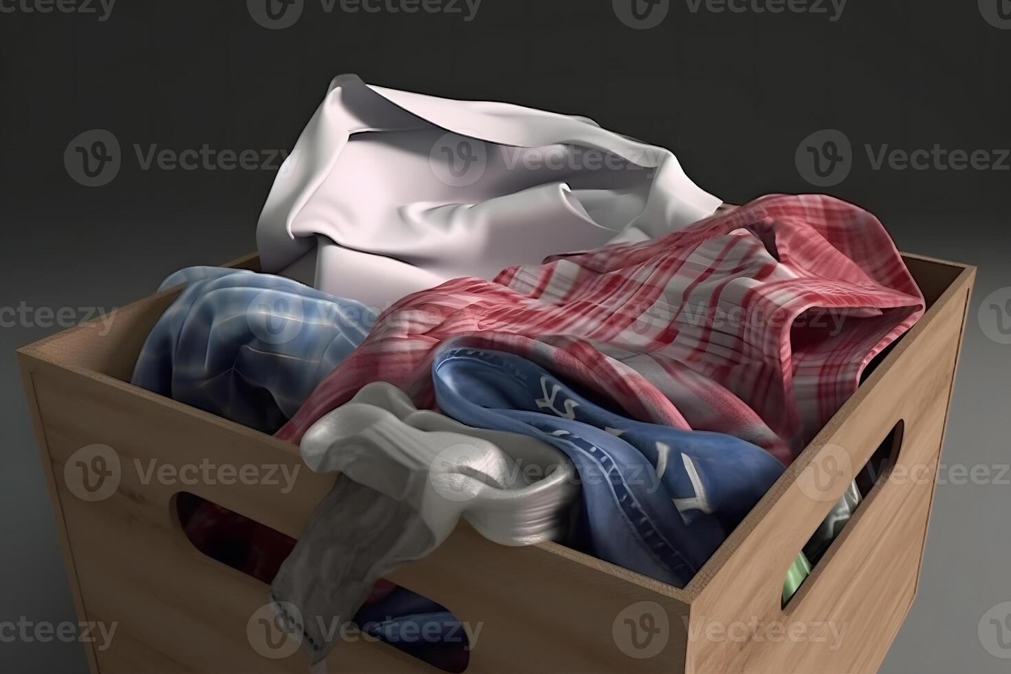 AI generated A stack of clothes in different colors in a box. The concept of conscious clothing consumption. Neural network AI generated photo