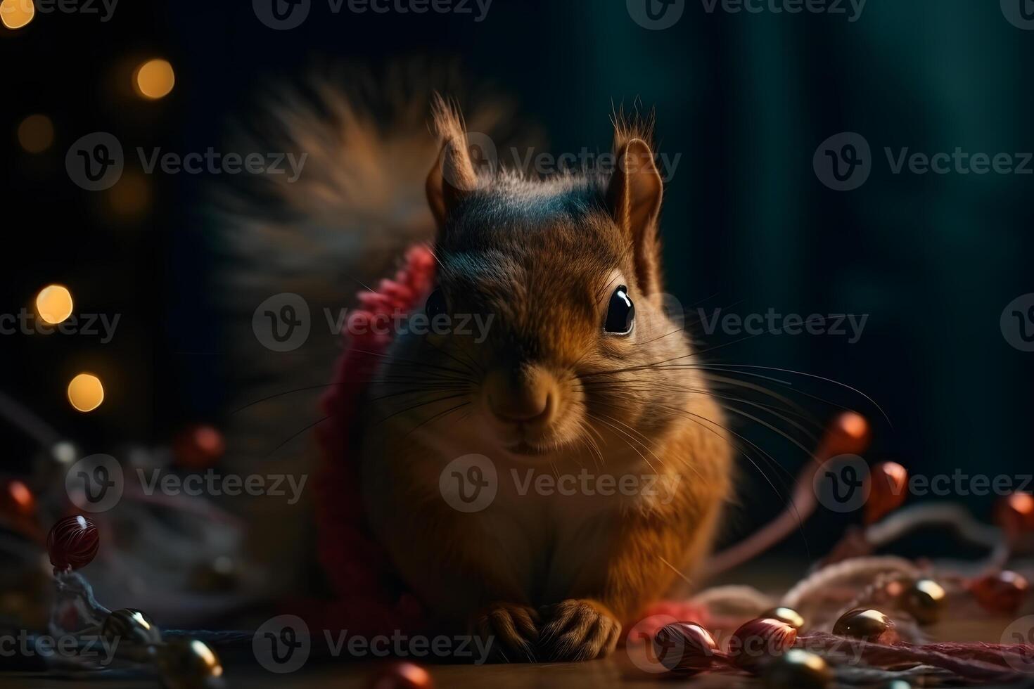 AI generated Cute squirrel in a christmas hat. Neural network AI generated photo