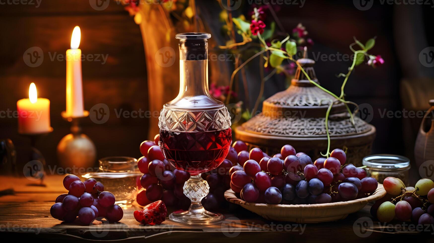 AI generated Bottle and glass of wine with bunch of grapes. Neural network AI generated photo