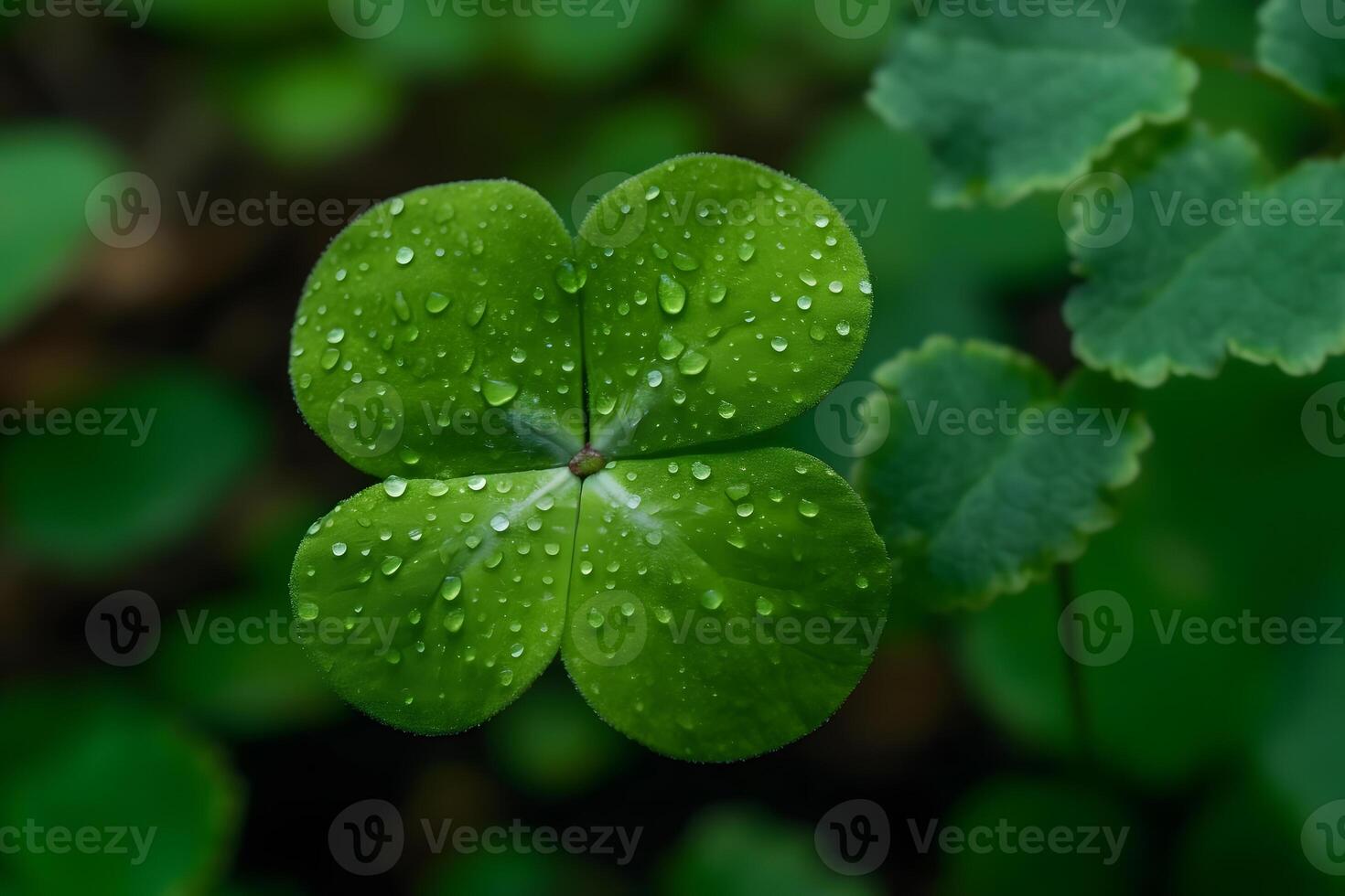 AI generated Four-leaf clover with drops. Neural network AI generated photo