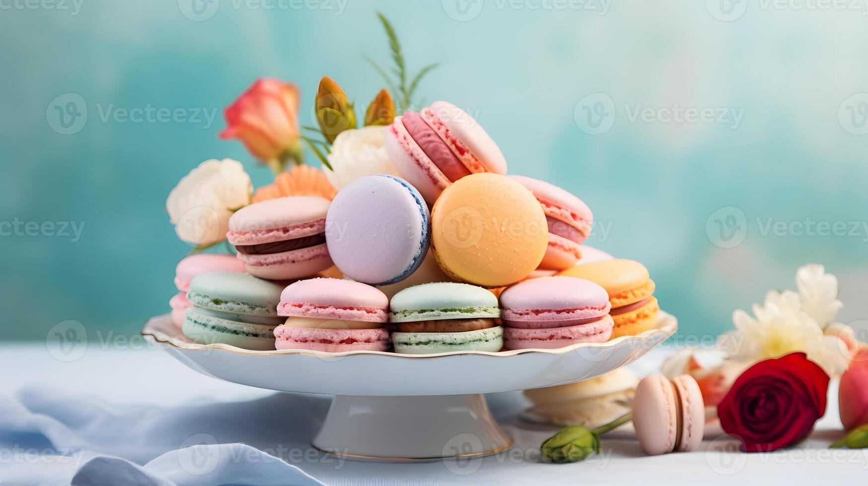 AI generated Plate with tasty macarons on table served for party. Neural network AI generated photo