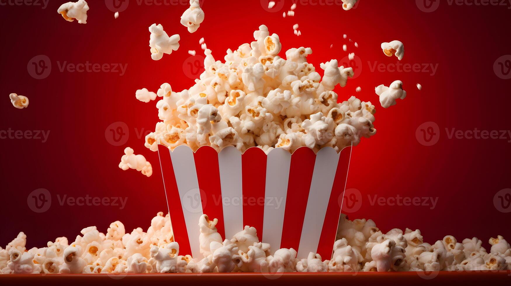 AI generated Striped box with popcorn on red background. Neural network AI generated photo