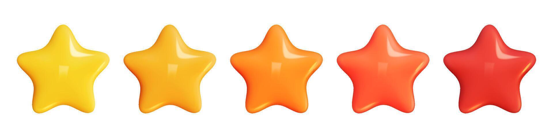 Star 3D Review plastic vector render. Set star for feedback and rank. 3d cartoon game element. Shape for app and game design. Vector illustration.