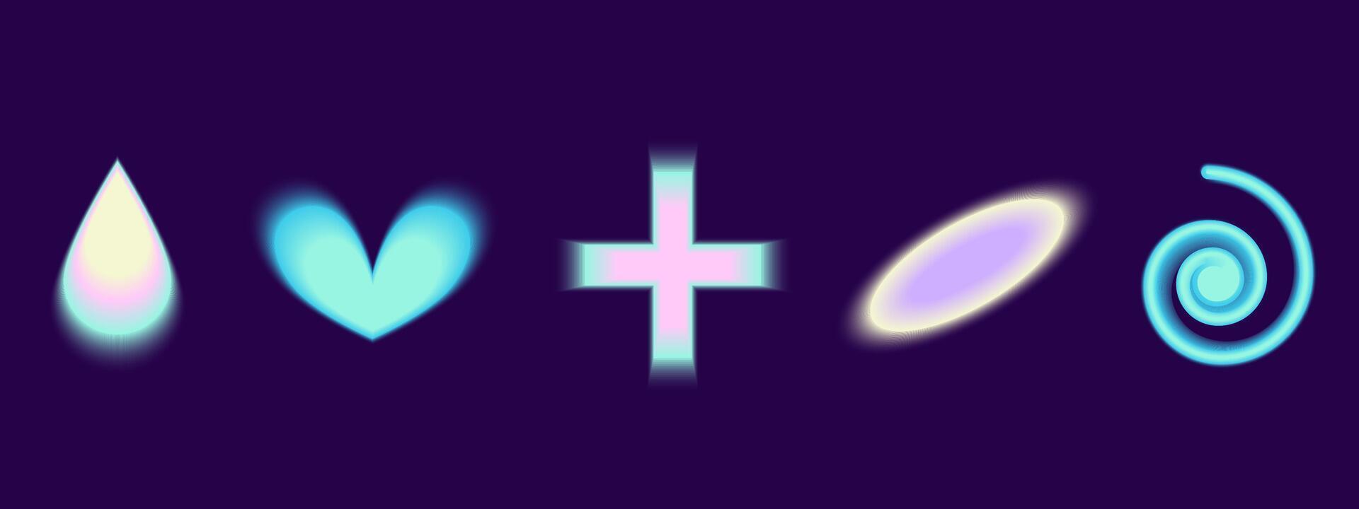 Gradient Y2k shape blur set. Spiral, oval, heart blurry aesthetic y2k. Vector pastel form illustration. Aura gradient shape