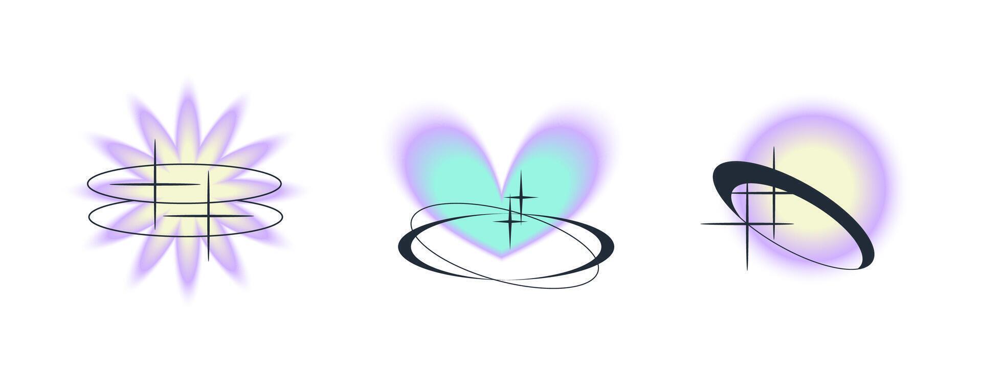 Gradient Y2k shape blur set. Flower, planet, heart blurry aesthetic y2k. Vector pastel form illustration. Aura gradient shape