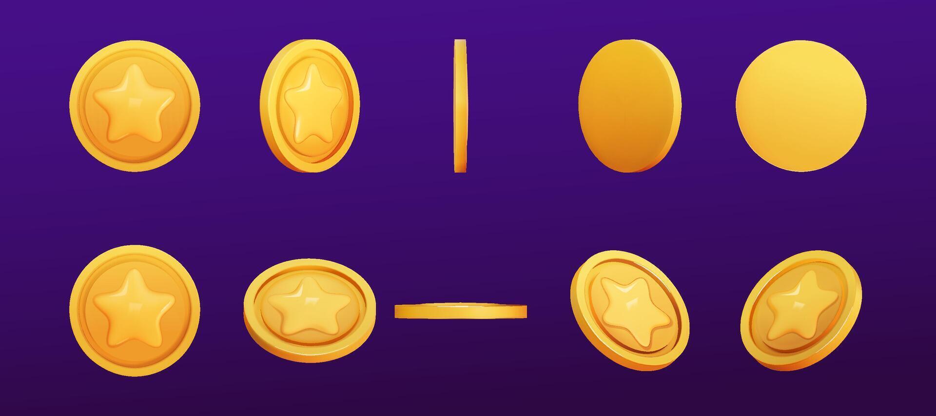 oro moneda conjunto 3d prestar. juego dinero en oscuro antecedentes. moneda con estrella para juego recompensa y premio. vector 3d ilustración.