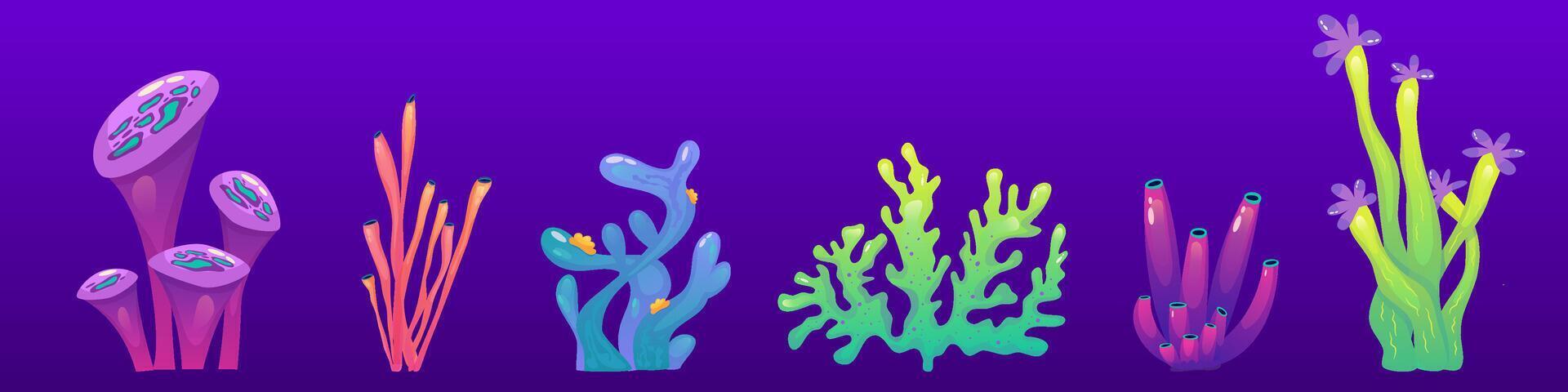 coral arrecife submarino conjunto con algas. algas marinas Oceano planta. coral conjunto submarino fauna. dibujos animados arrecife aislado. dibujos animados vector diseño.