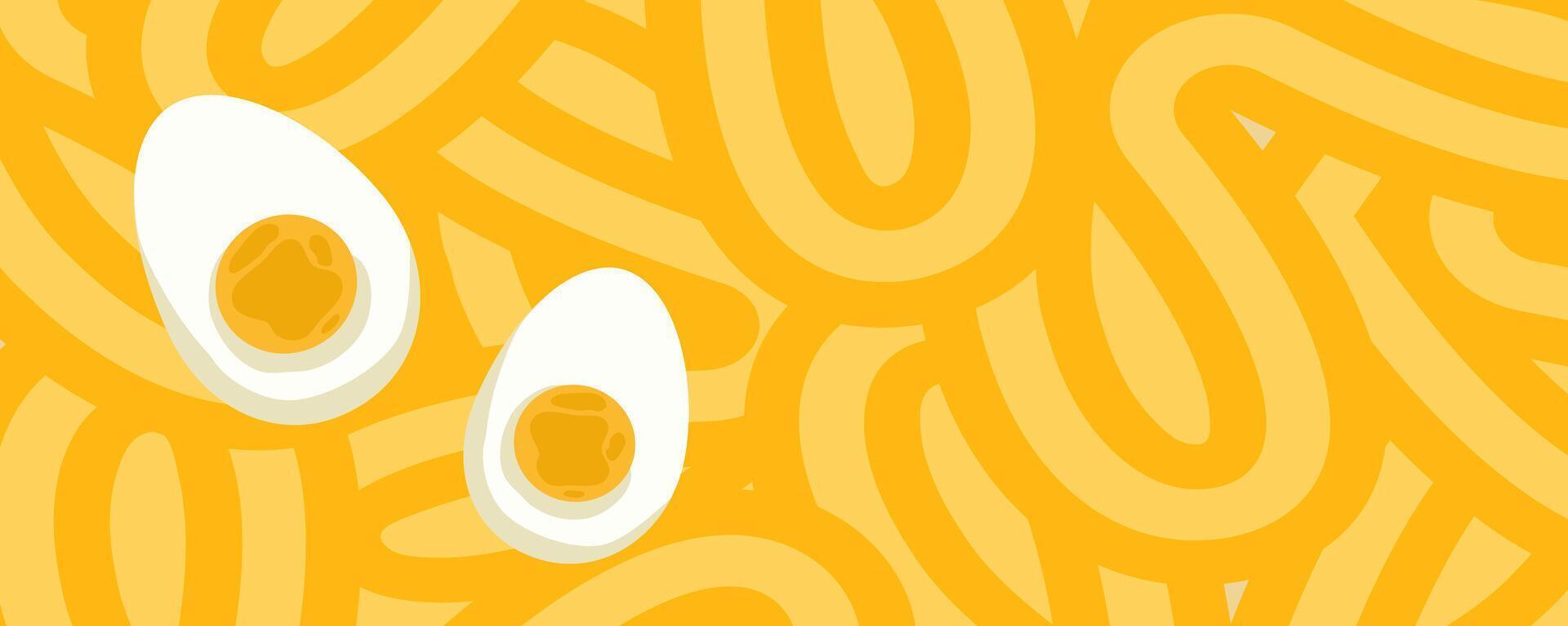 fideos ramen modelo con huevo antecedentes. pasta comida textura espaguetis geométrico. resumen ramen ornamento. plano vector ilustración. ola textura antecedentes