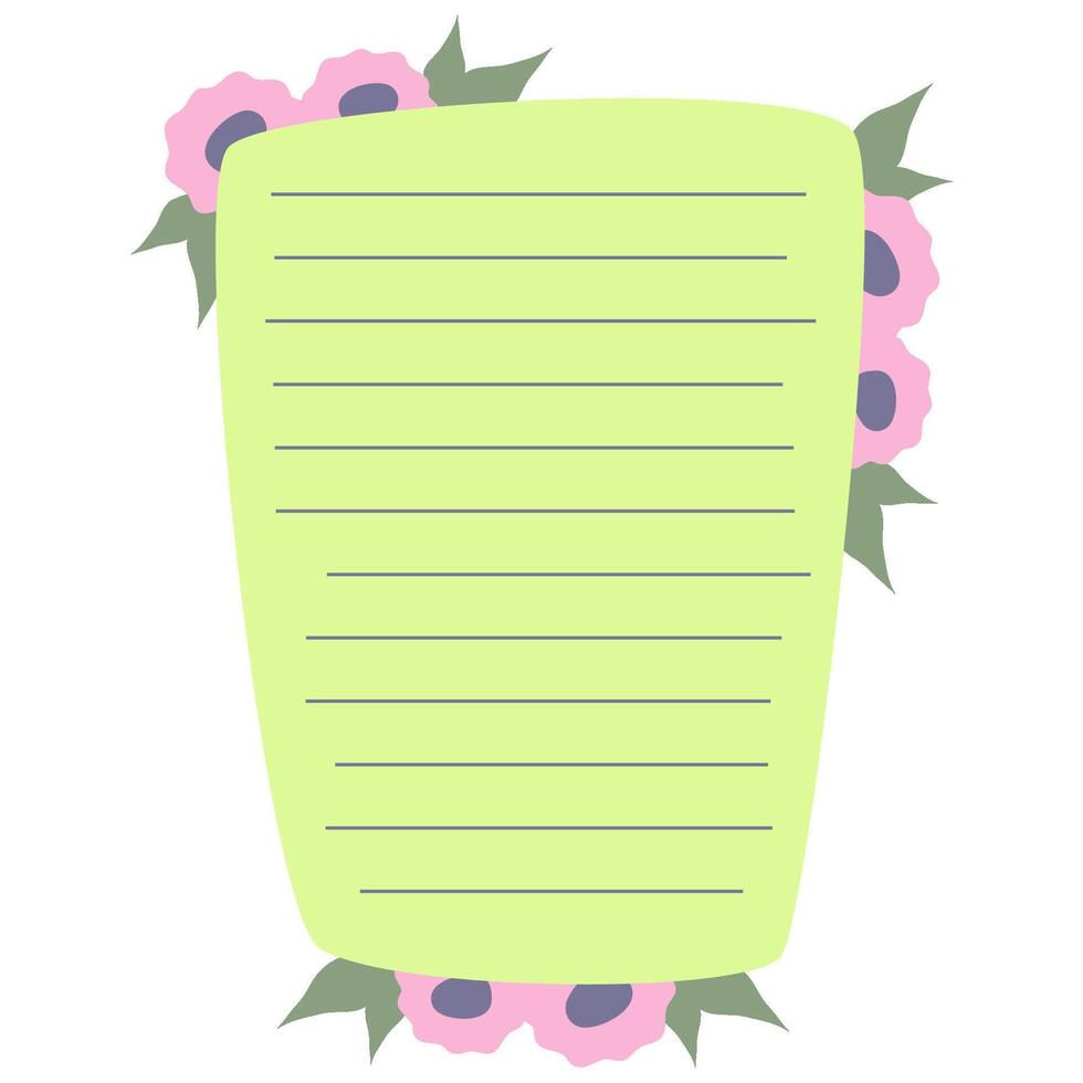 Cute Memo Notebook with flower paper frame for text. Planner sticker element sticky. Flat vector illustration. Cute Notes planner page.