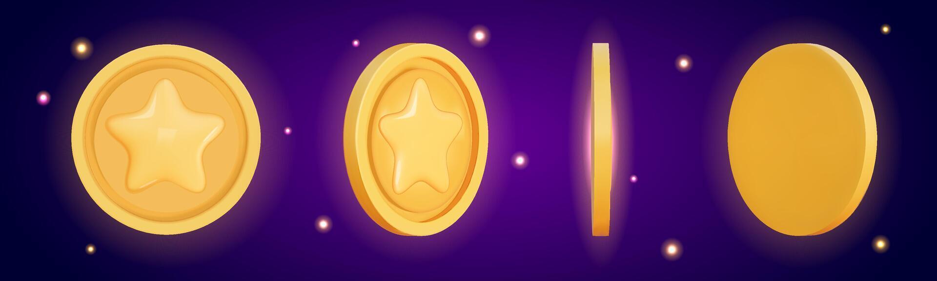 Gold Coin set 3d render. Game Money on gradient background. Coin with star for game reward and prize. Vector 3d illustration.