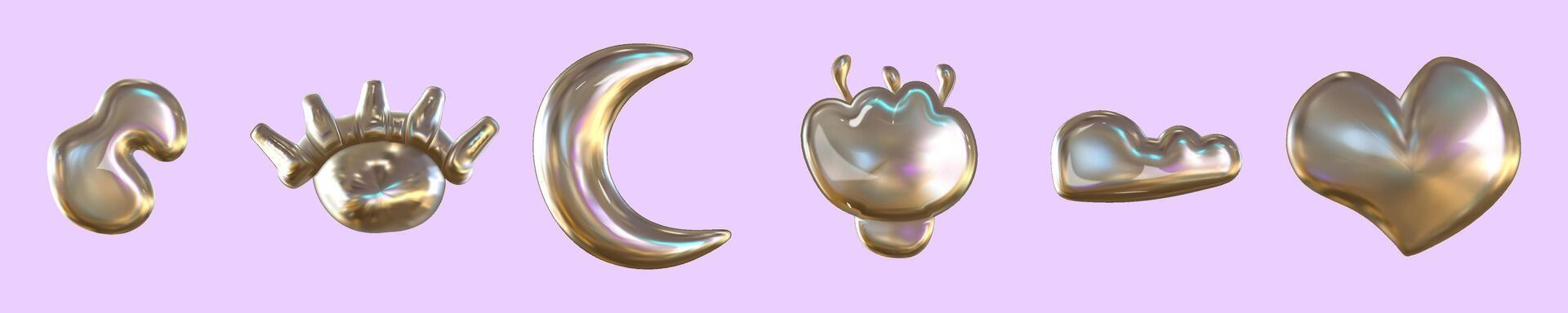 3d y2k chrome glossy silver element set. Abstract shape chrome metal render. Y2K form moon, heart, flower. Vector illustration 3d render.