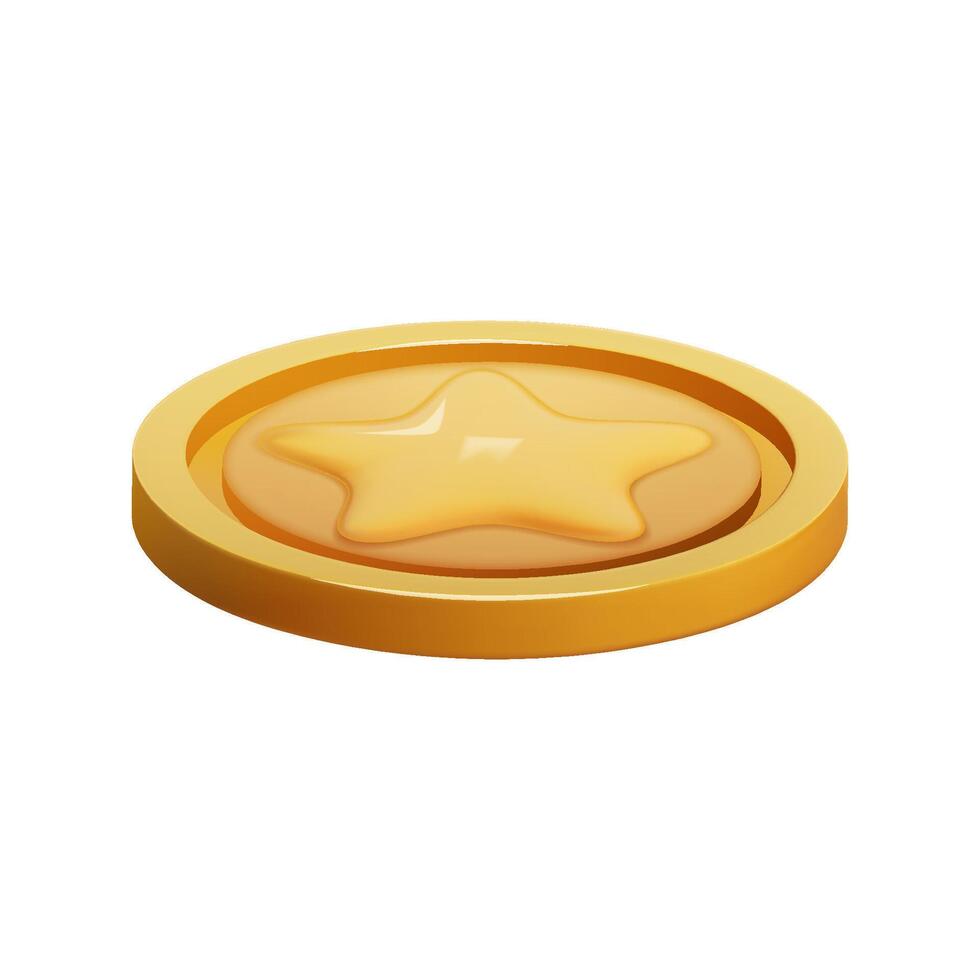 Gold Coin 3d render isolated. Game Money on white background. Coin with star for game reward and prize. Vector 3d illustration.