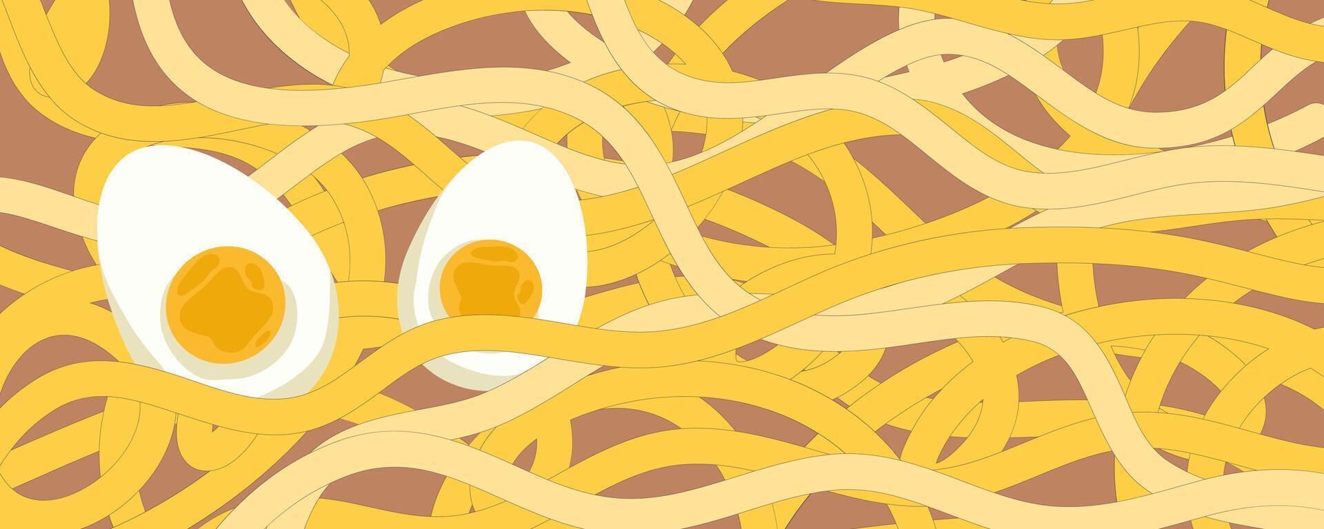 fideos ramen modelo con huevo antecedentes. pasta comida textura espaguetis geométrico. resumen ramen ornamento. plano vector ilustración. ola textura antecedentes