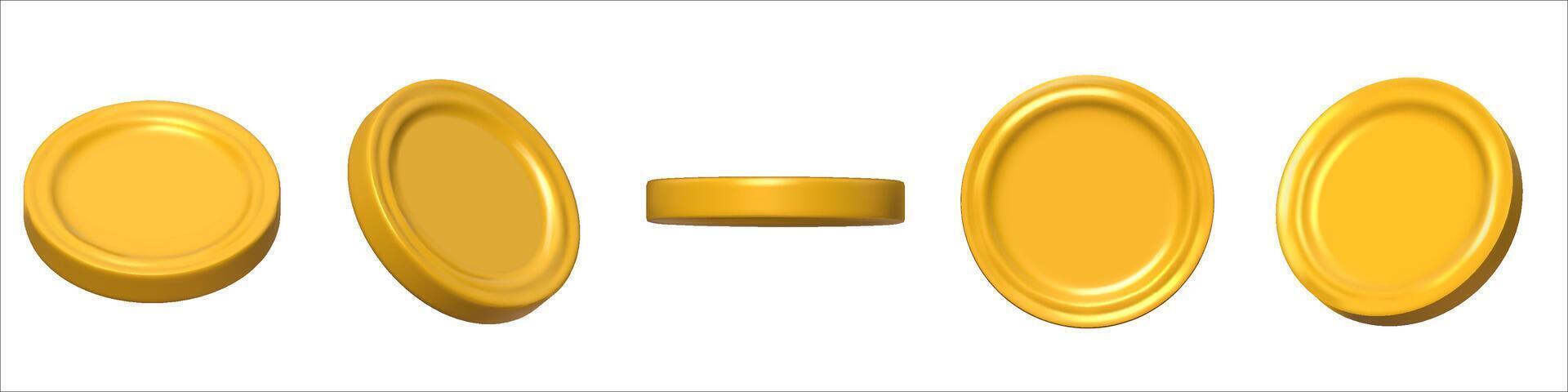Gold Coin set 3d render. Game Money on white background. Rotating empty coin for game reward and prize. Vector 3d illustration.