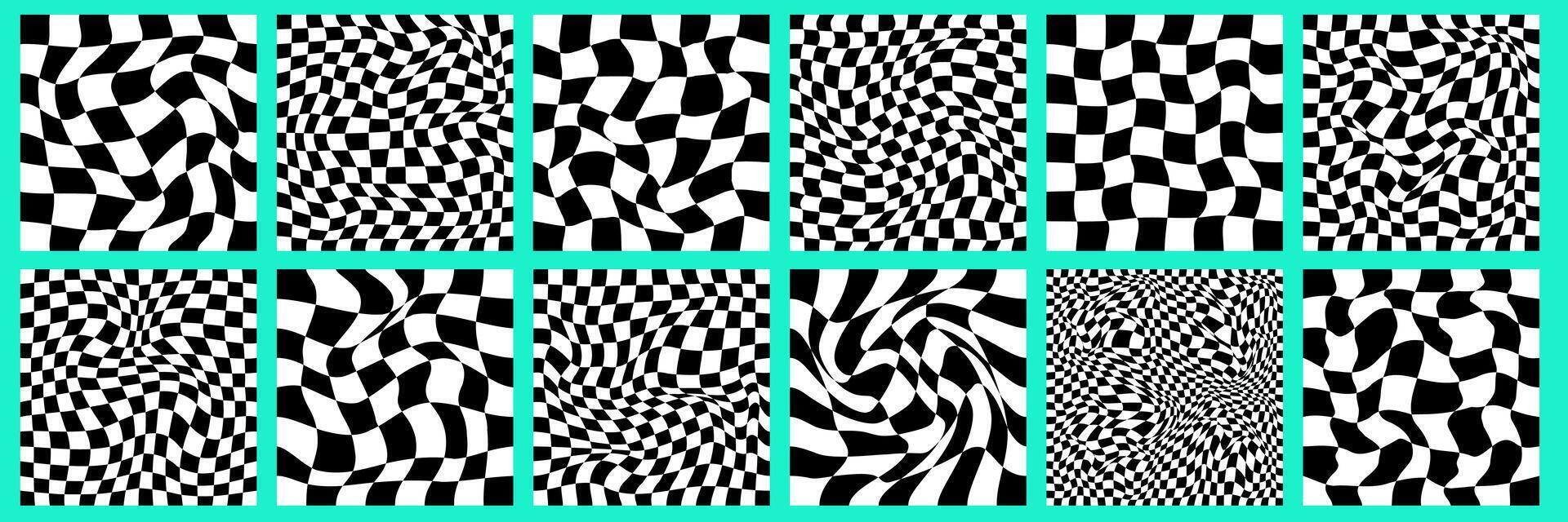 Checkerboard psychedelic pattern set black and white. Checkerboard background y2k retro grid. Psychedelic texture vector illustration.
