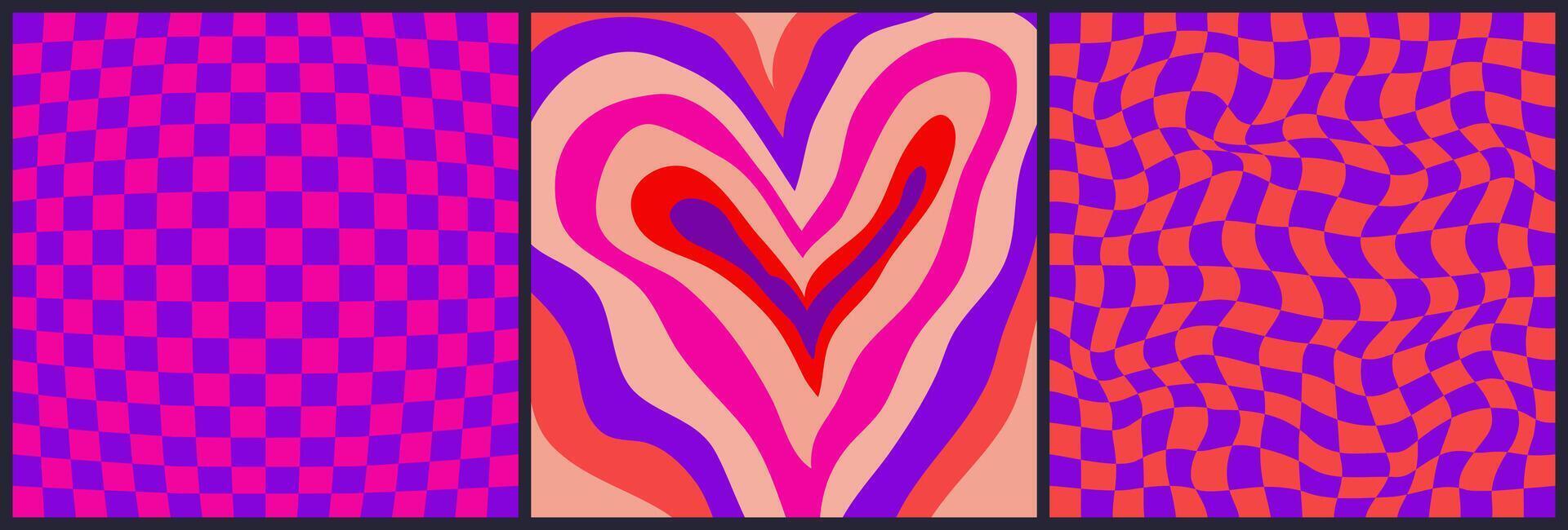 Psychedelic Heart set background. Valentines heart with checkerboard pattern. Abstract design poster retro love. Vector illustration
