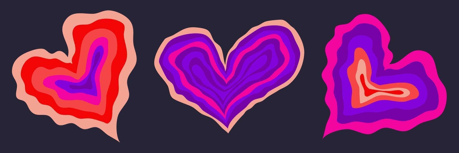 Psychedelic Heart set for valentines day. Retro tunnel psychedelic heart. Vector illustration