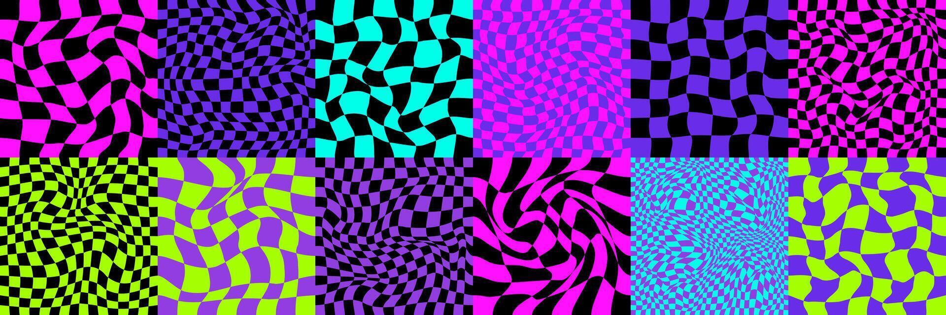 Checkerboard psychedelic pattern set black and white. Checkerboard background y2k retro grid. Psychedelic texture vector illustration.