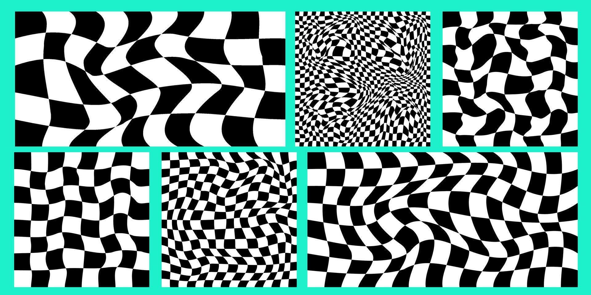 Checkerboard psychedelic pattern set black and white. Checkerboard background y2k retro grid. Psychedelic texture vector illustration.