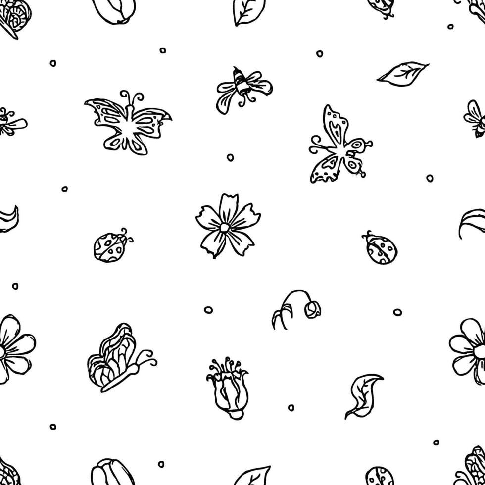 Spring floral pattern with flowers, butterflies, bees and ladybugs. Seamless flowers background vector