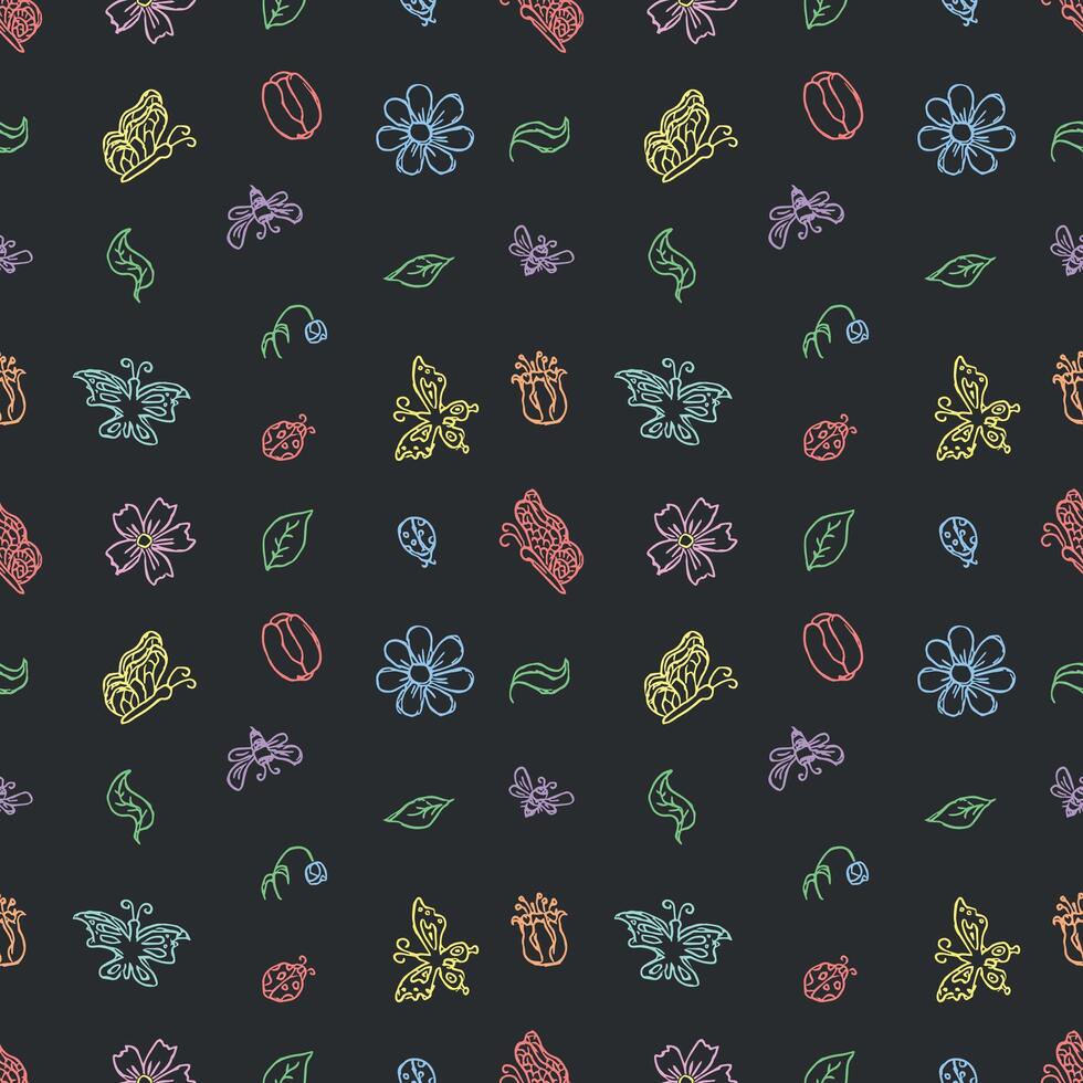 Spring floral pattern with flowers, butterflies, bees and ladybugs. Seamless flowers background vector