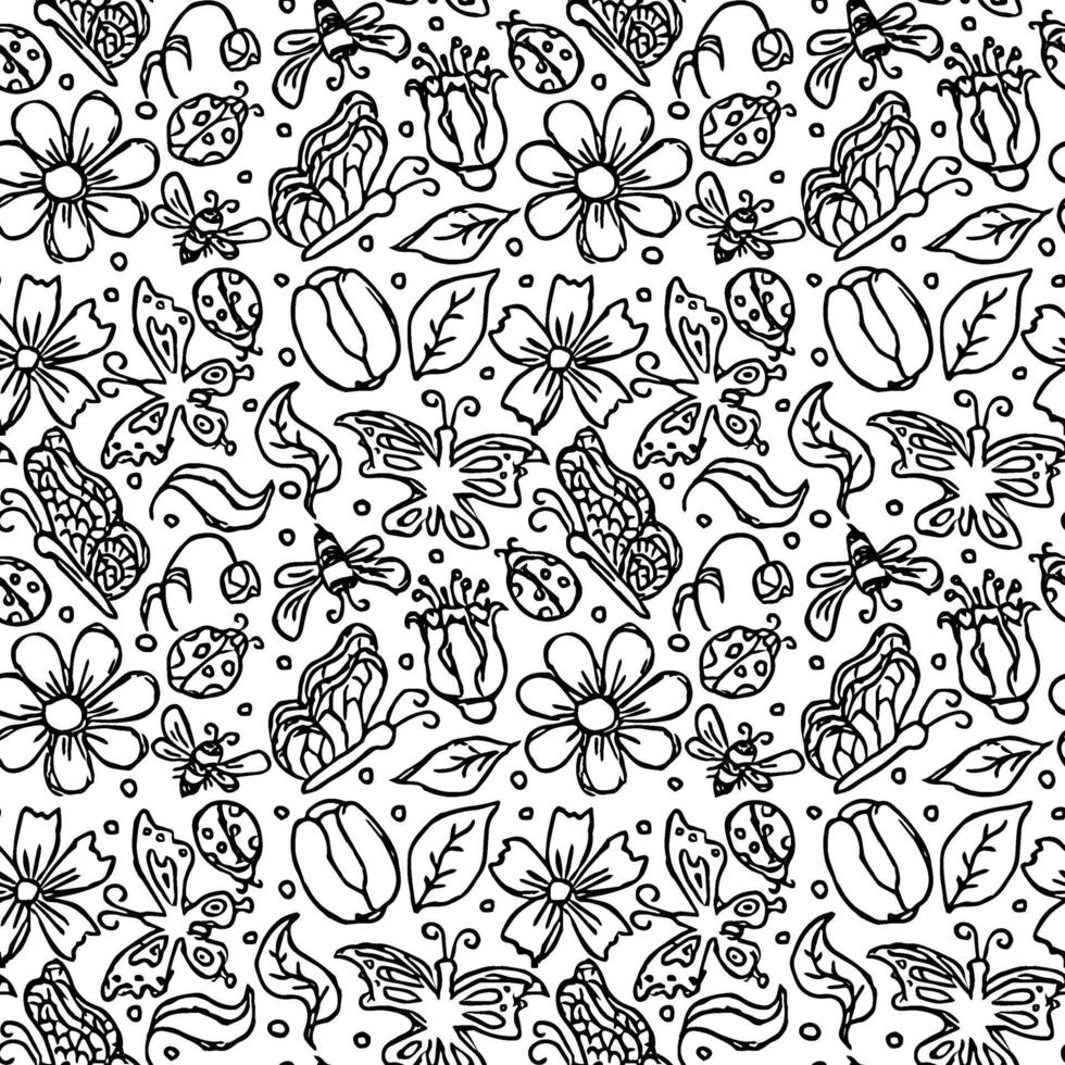 Spring floral pattern with flowers, butterflies, bees and ladybugs. Seamless flowers background vector
