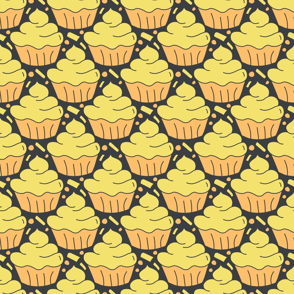 Seamless cake pattern. Sweets and candy background. Doodle illustration with sweets and candy icons vector