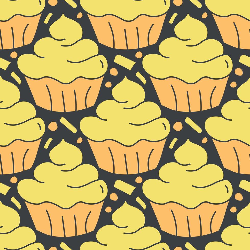 Seamless cake pattern. Sweets and candy background. Doodle illustration with sweets and candy icons vector