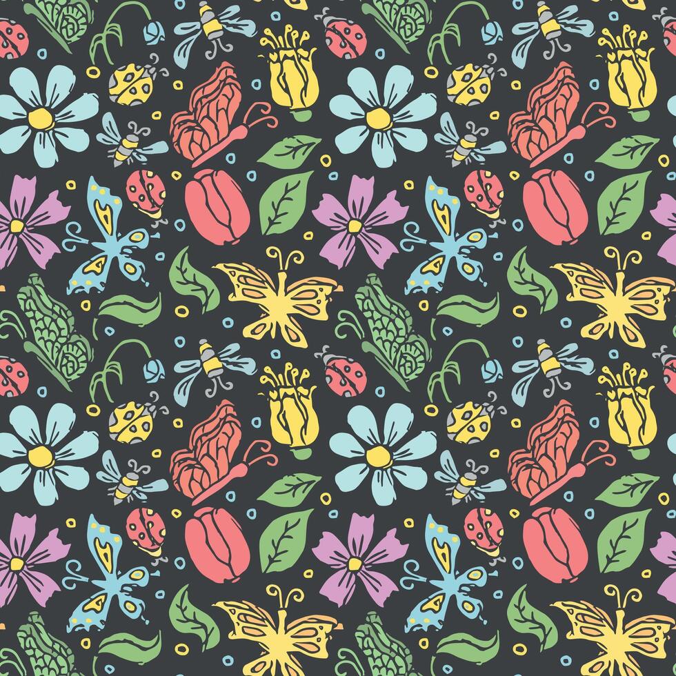Spring floral pattern with flowers, butterflies, bees and ladybugs. Seamless flowers background vector