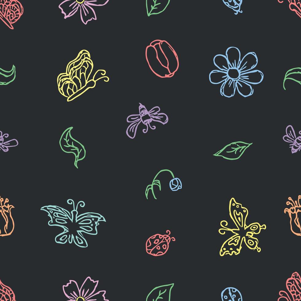 Spring floral pattern with flowers, butterflies, bees and ladybugs. Seamless flowers background vector