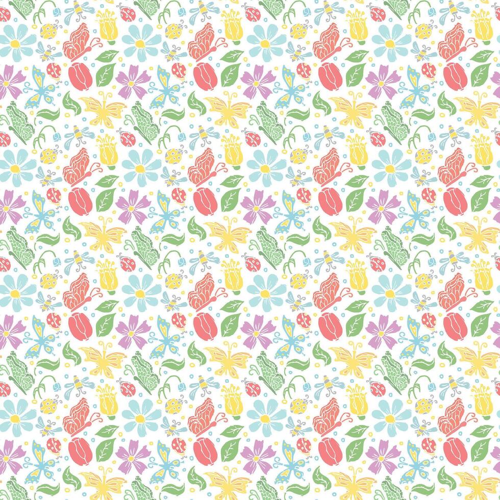 Spring floral pattern with flowers, butterflies, bees and ladybugs. Seamless flowers background vector