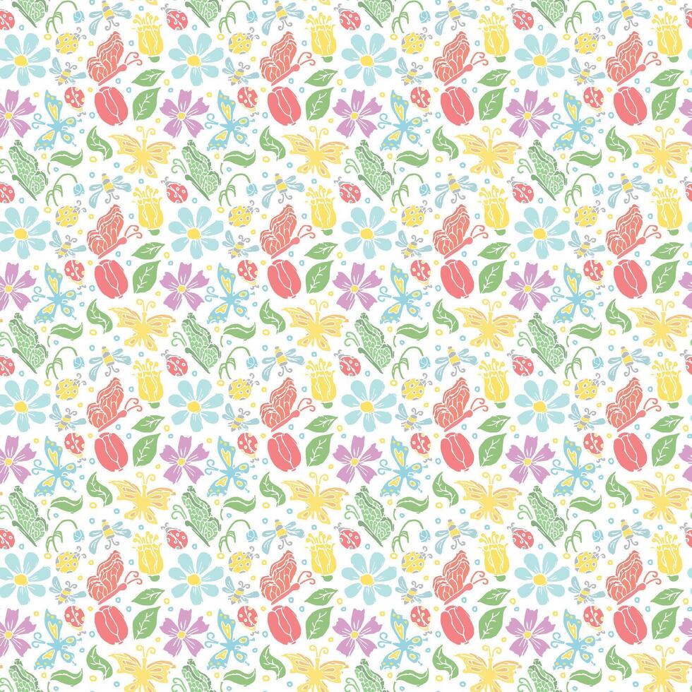 Spring floral pattern with flowers, butterflies, bees and ladybugs. Seamless flowers background vector