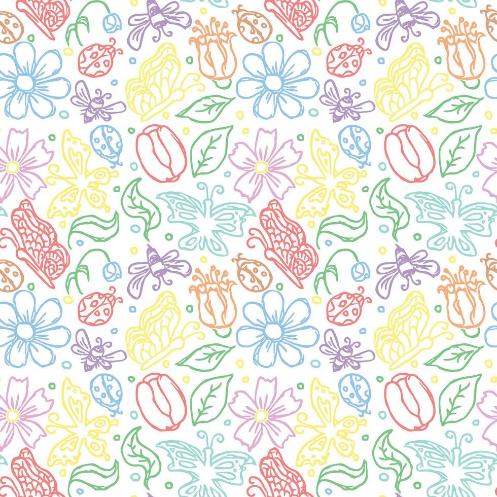 Spring floral pattern with flowers, butterflies, bees and ladybugs. Seamless flowers background vector