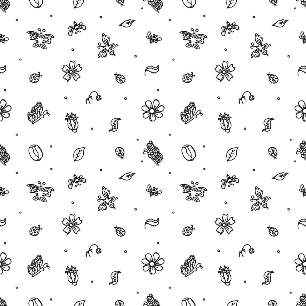 Spring floral pattern with flowers, butterflies, bees and ladybugs. Seamless flowers background vector