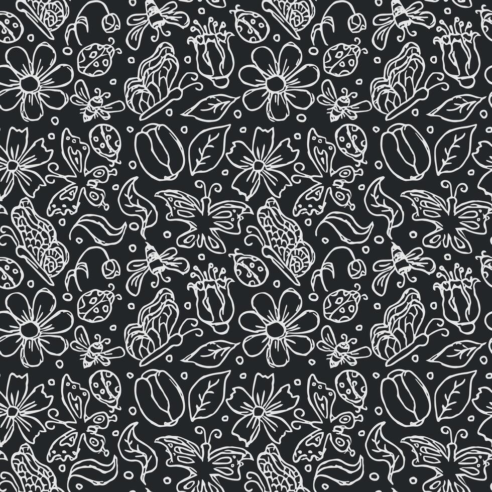 Spring floral pattern with flowers, butterflies, bees and ladybugs. Seamless flowers background vector