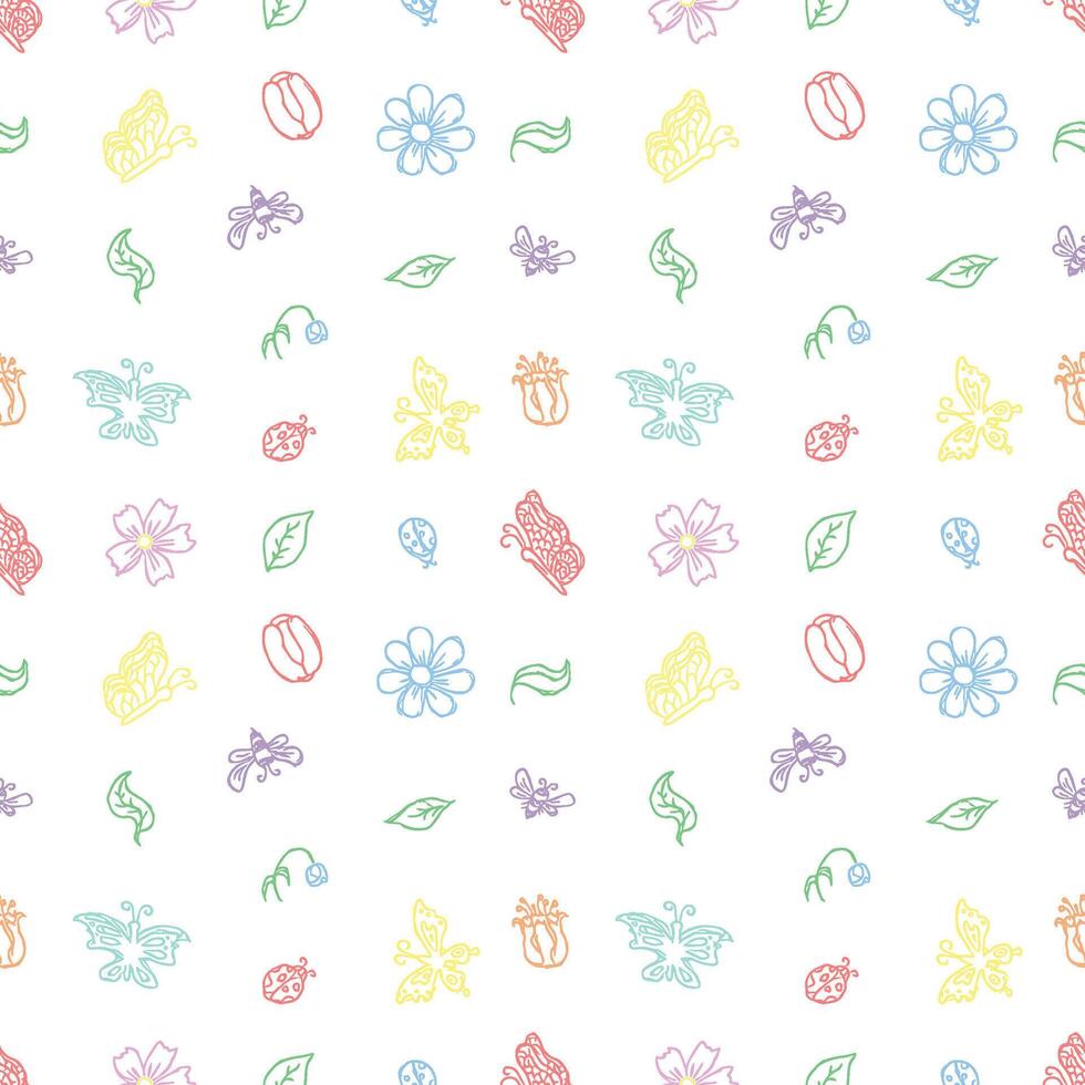 Spring floral pattern with flowers, butterflies, bees and ladybugs. Seamless flowers background vector