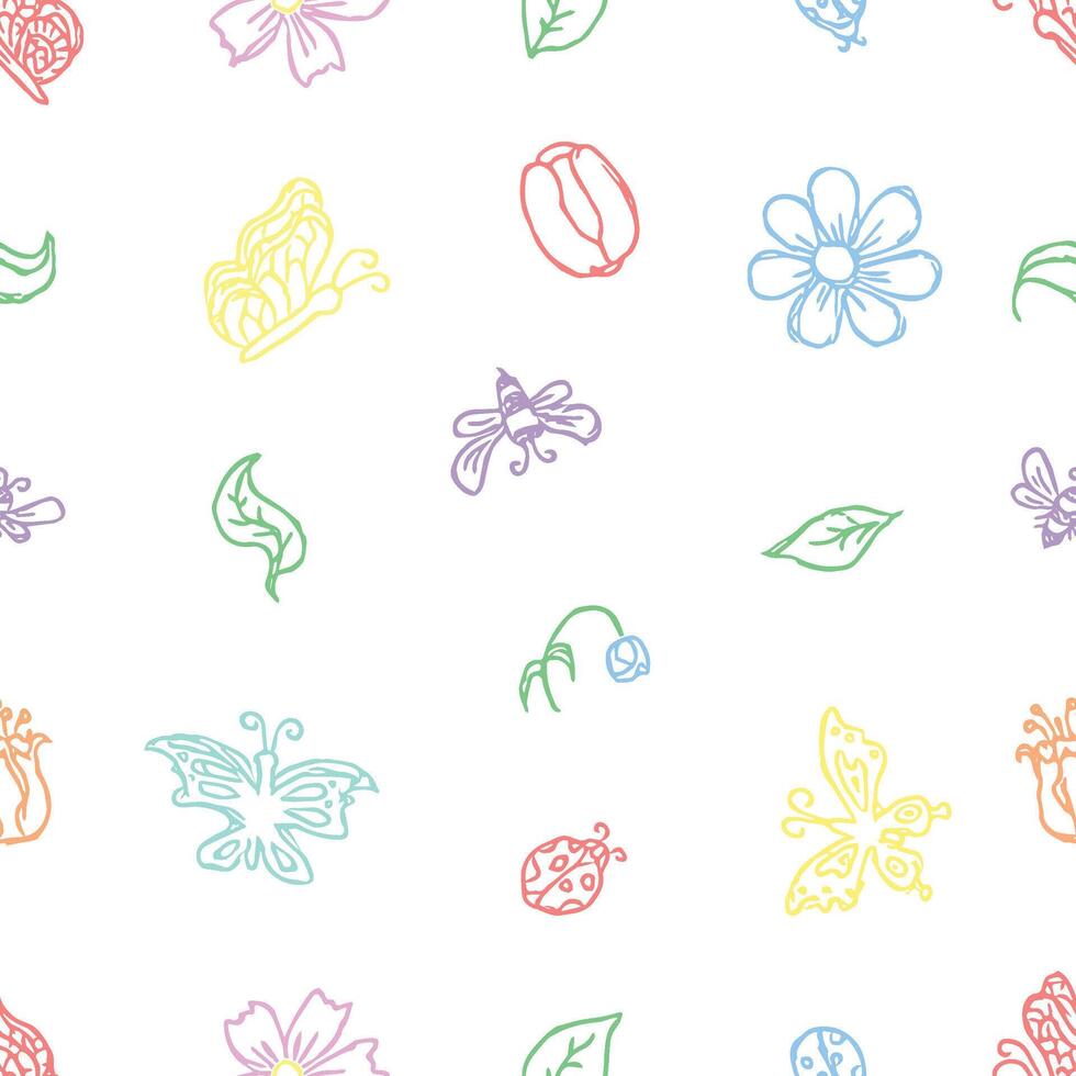 Spring floral pattern with flowers, butterflies, bees and ladybugs. Seamless flowers background vector