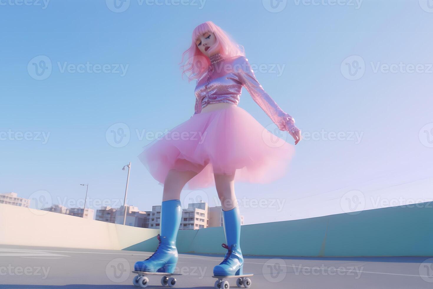AI generated Fashionable groovy stylish girl on roller skates near the beach. Neural network AI generated photo