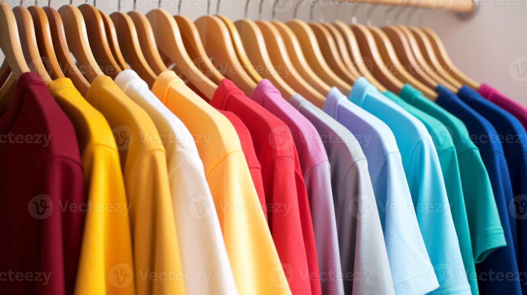 AI generated colorful of t-shirt with hangers in market, Fashion style. Neural network AI generated photo