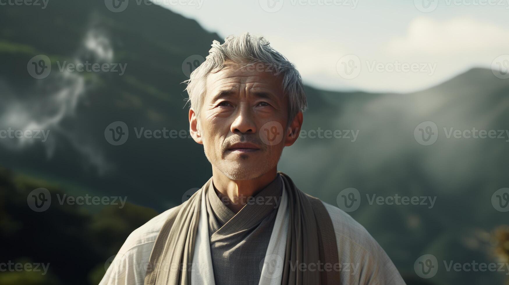 AI generated Asian wise old man in the mountains. Neural network AI generated photo