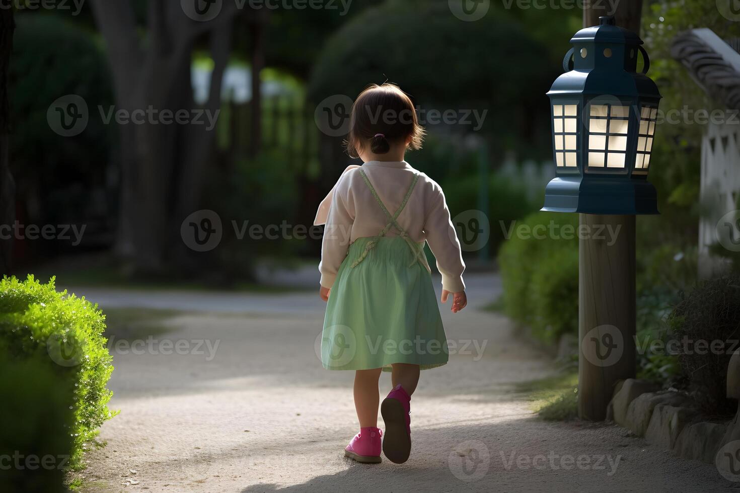 ai generado espalda a colegio concepto. contento gracioso pequeño niñito asiático muchacha. neural red ai generado foto