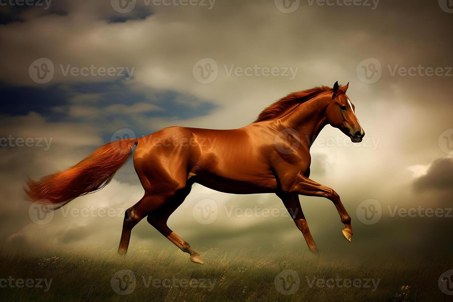 ai generado bahía caballo correr galope en Desierto arena en contra azul cielo. neural red ai generado foto