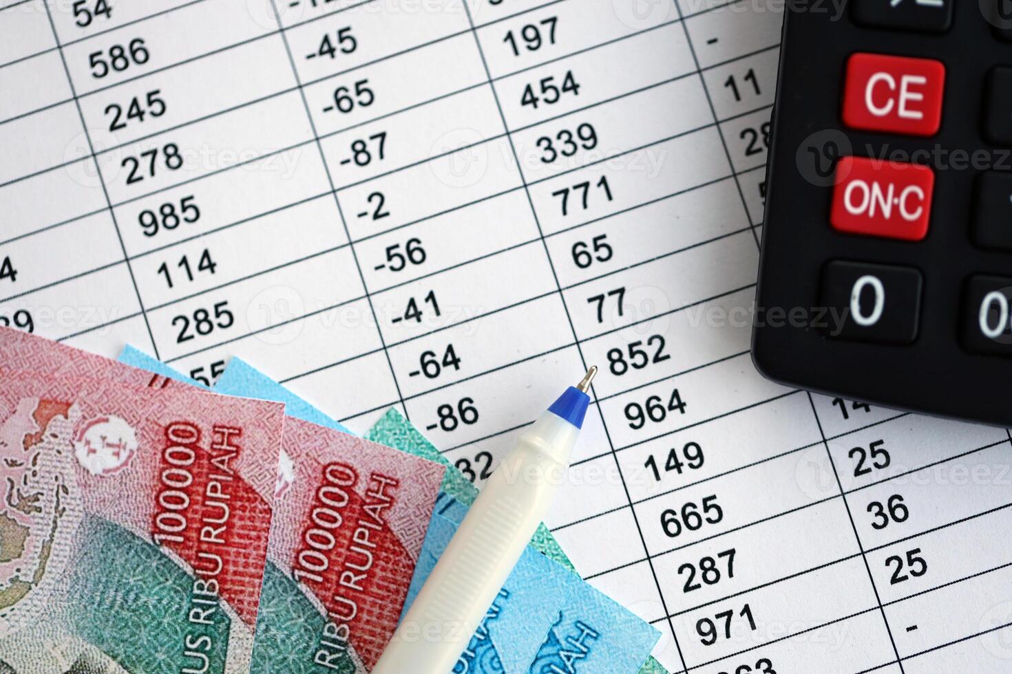 Business calculations with indonesian rupiah money bills and calculator with pen on office table photo