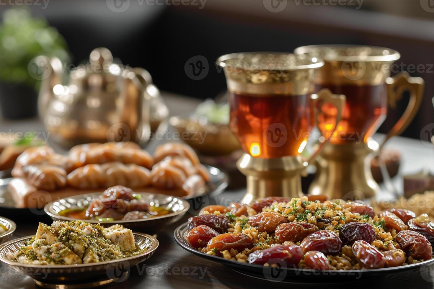 ai generado tradicional iftar untado con fechas y té foto