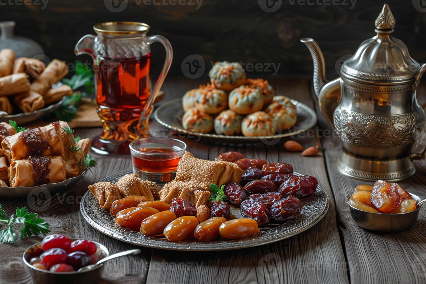 AI generated Traditional Iftar Spread with Dates and Tea photo