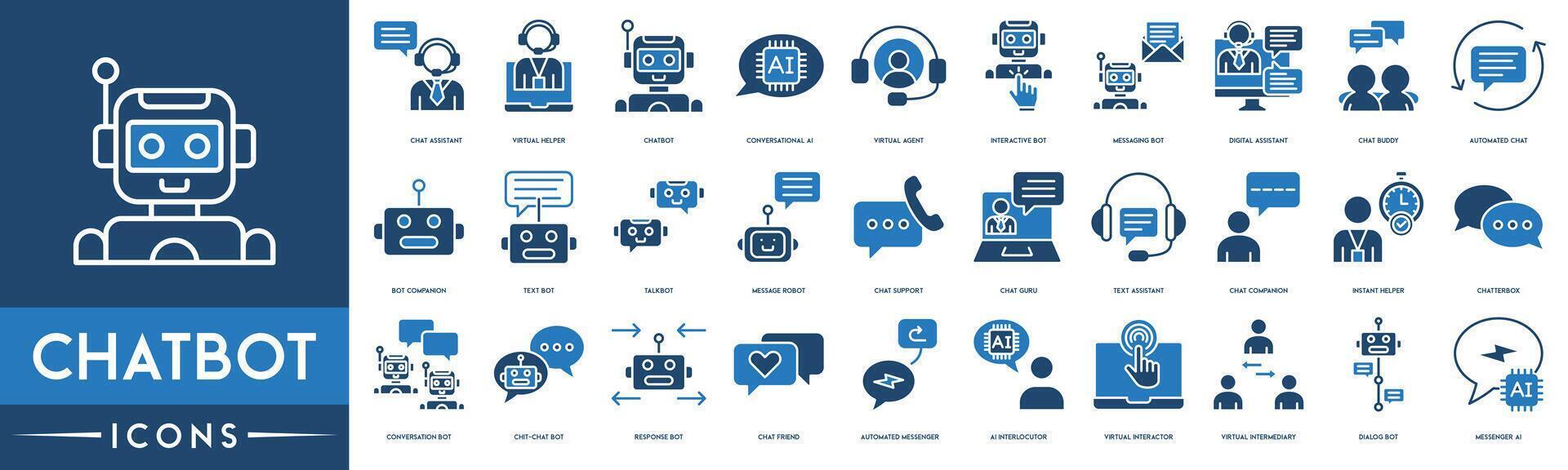 ChatBot  icon set. Included the icons as Chat Assistant, Virtual Helper, AI Chatbot, Messaging Bot, Automated Chat, Message Robot, Conversation Bot, Chat Friend, Dialog Bot and Messenger AI vector